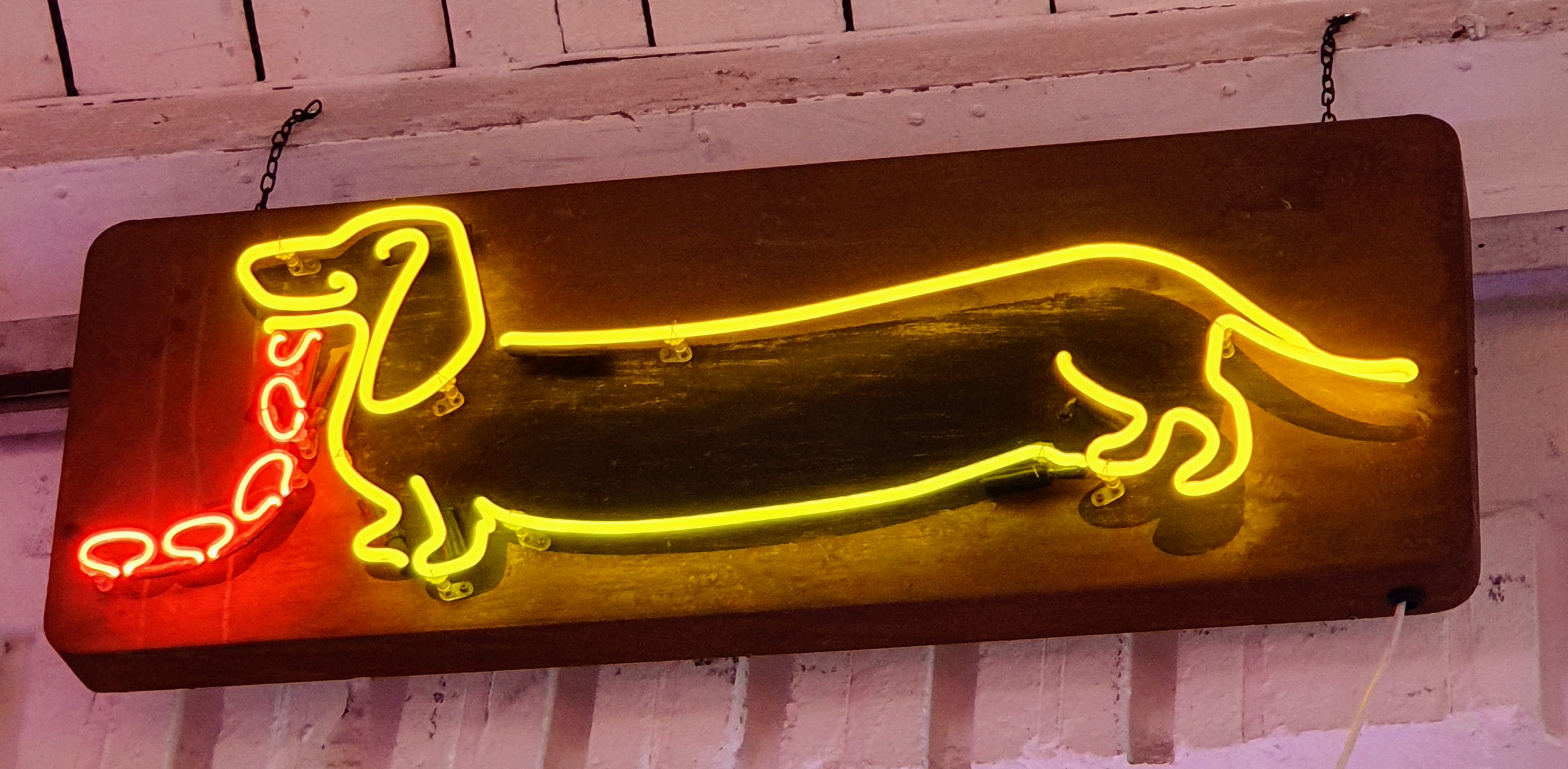 Sausage dog neon sign, God's Own Junkyard, London