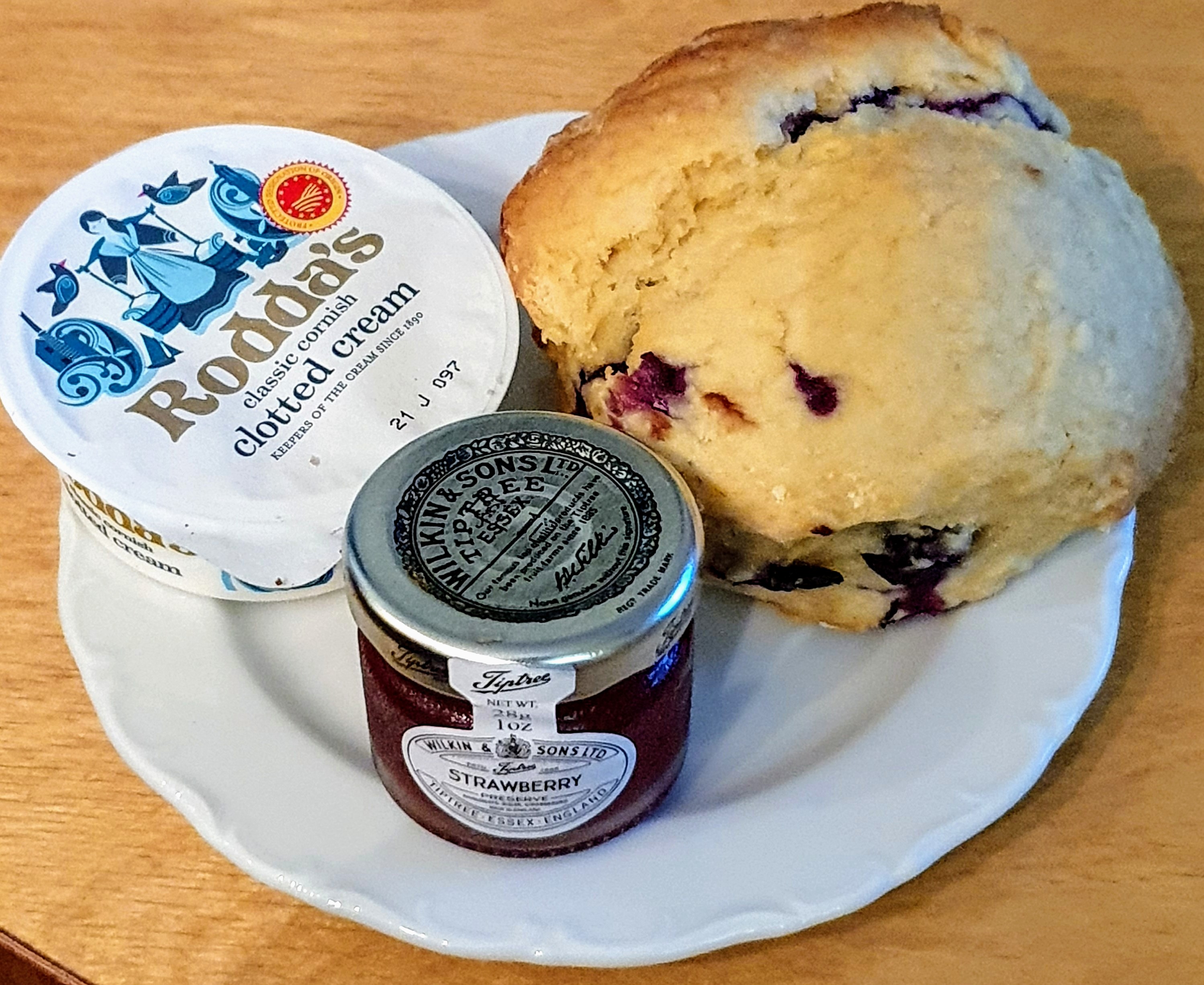Blueberry scone with Cornish clotted cream and strawberry jam, Dolly Birds Mobile Catering, Staffordshire