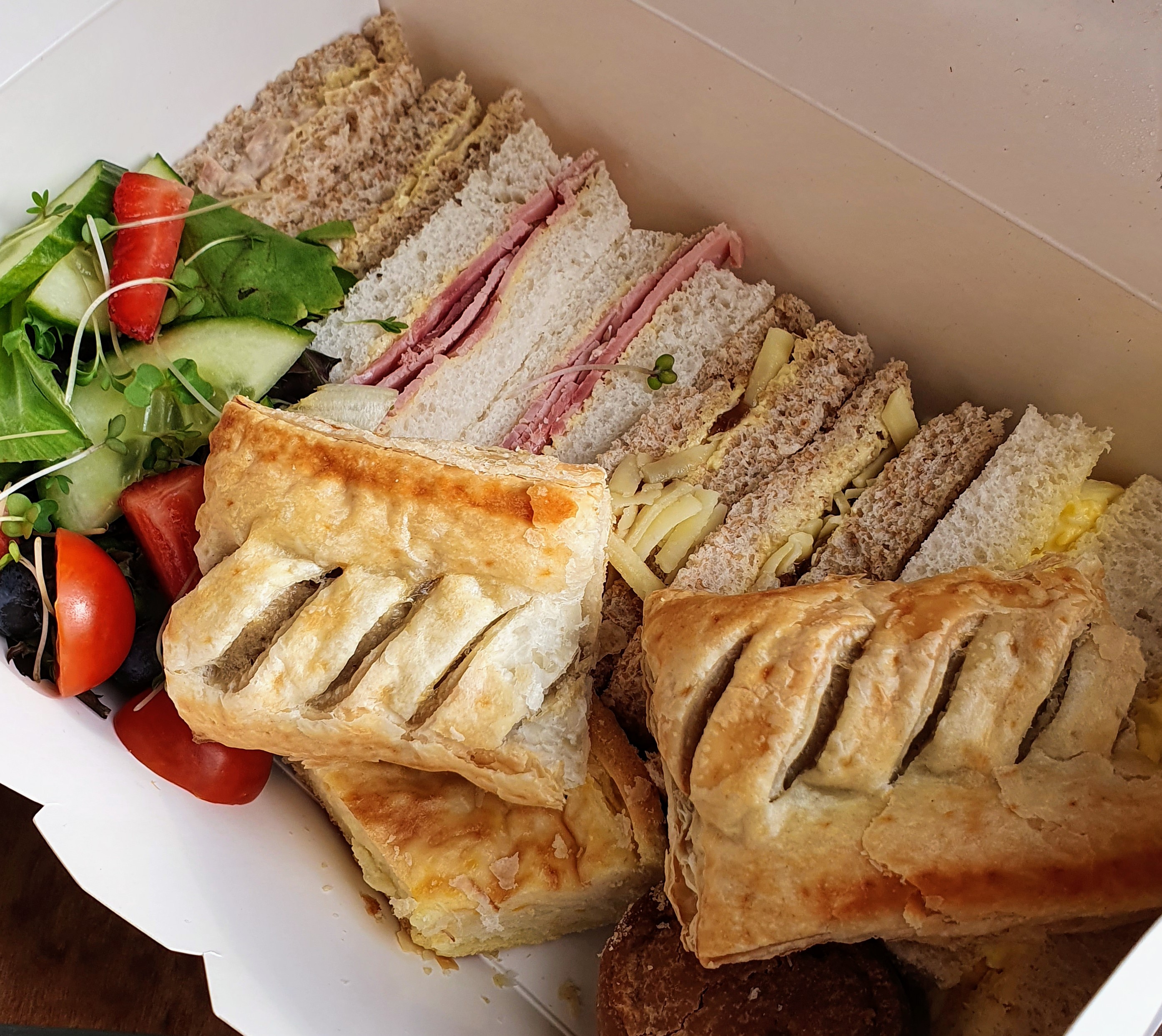 Sandwiches, pork pie, salad and sausage rolls, Dolly Birds Mobile Catering, Staffordshire