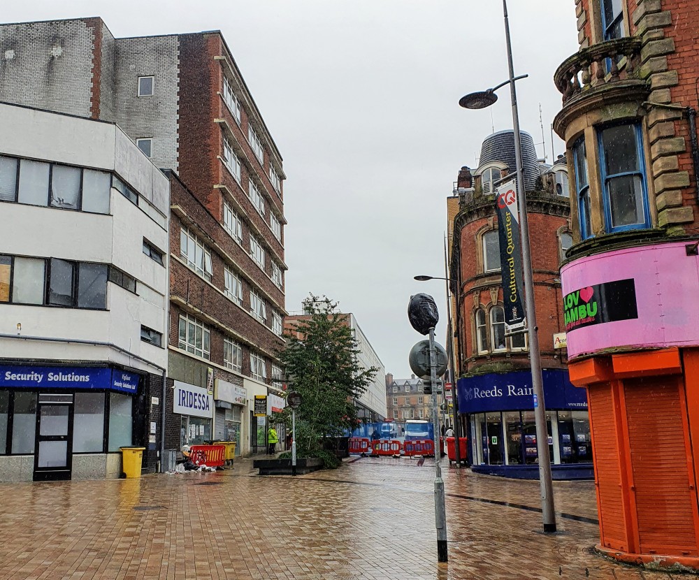 Empty wet street, Hanley town center, Stoke-on-Trent