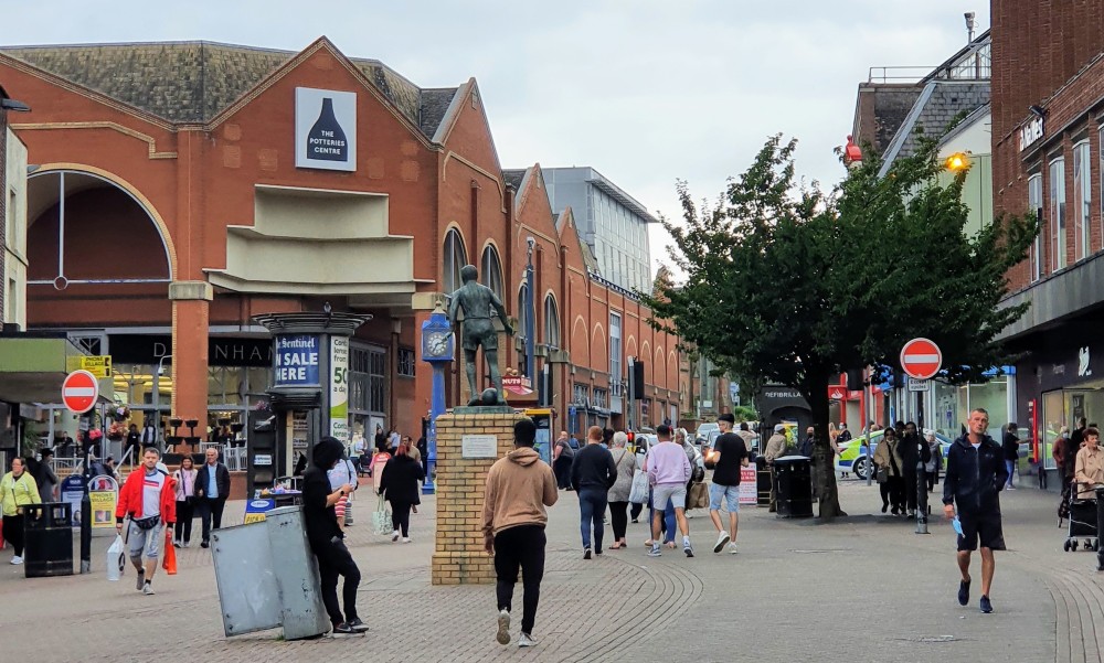 People walking towards the Potteries Shopping Center, Hanley Town Center, Stoke-on-Trent