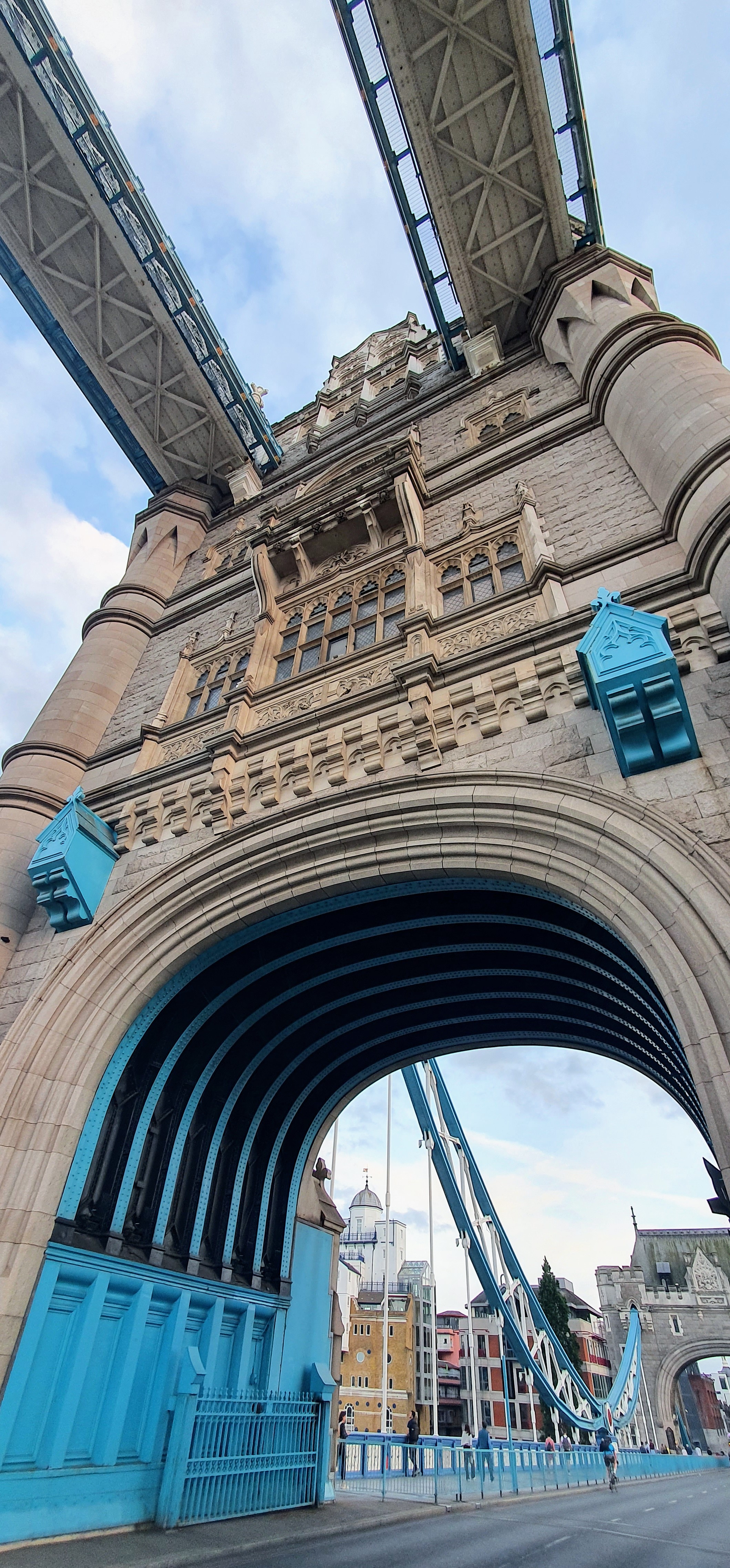 Exterior of the south tower and underside of the walkway, Tower Bridge, London